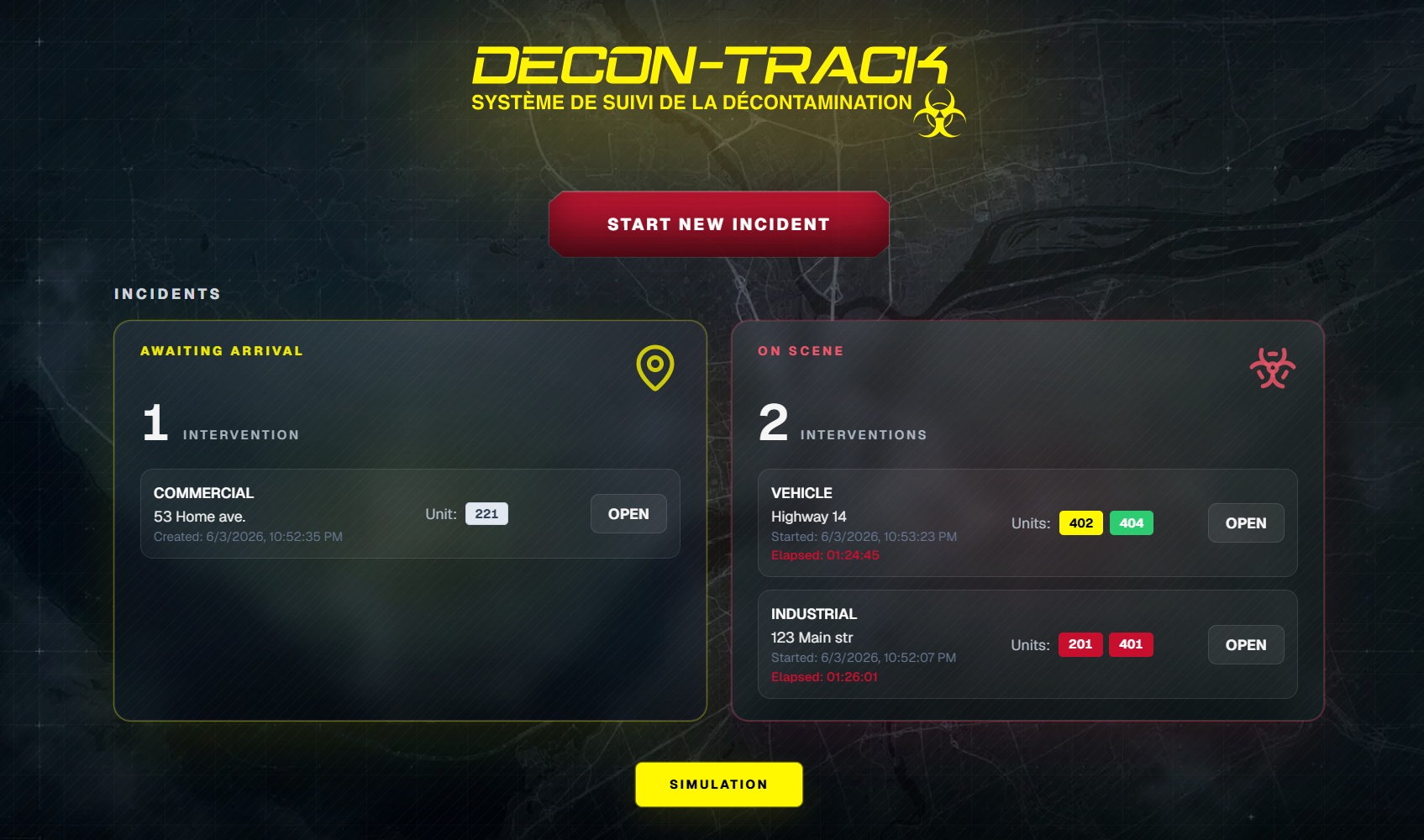 Decon-Track home screen: pending and on-site interventions