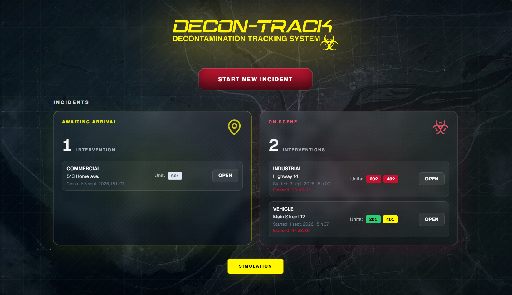 Decon-Track home screen: pending and on-site interventions