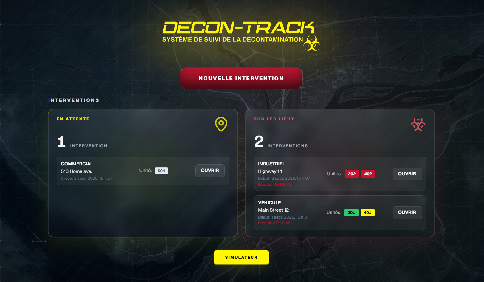 Écran d'accueil Decon-Track: interventions en attente et sur les lieux